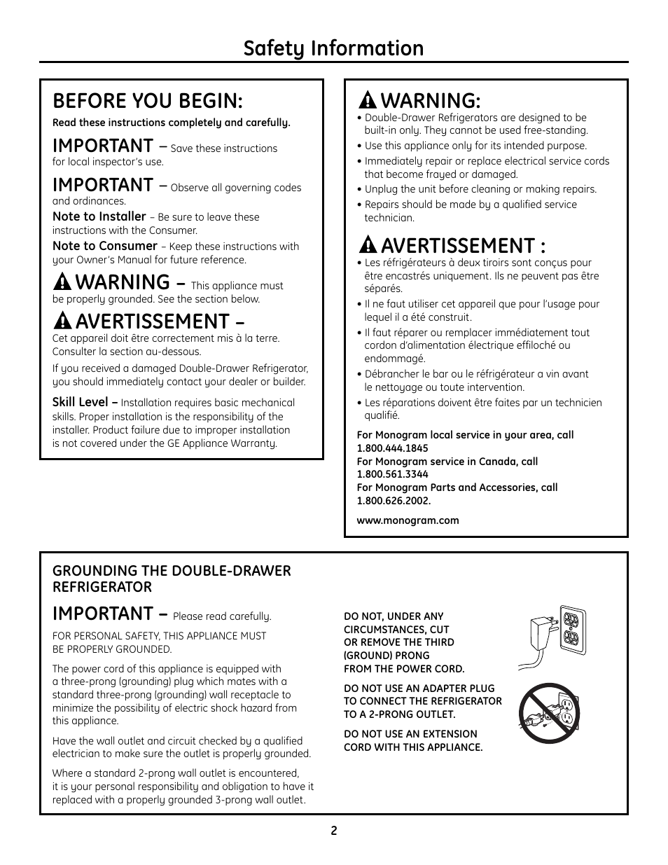 Safety information, Before you begin, Warning | Avertissement, Important | GE ZIDI240BII User Manual | Page 2 / 8