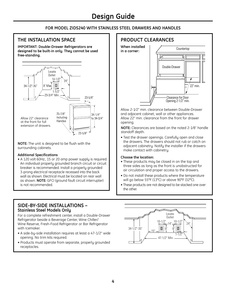The installation space, Product clearances, Side-by-side installations | Design guide | GE ZIDI240BII User Manual | Page 4 / 8