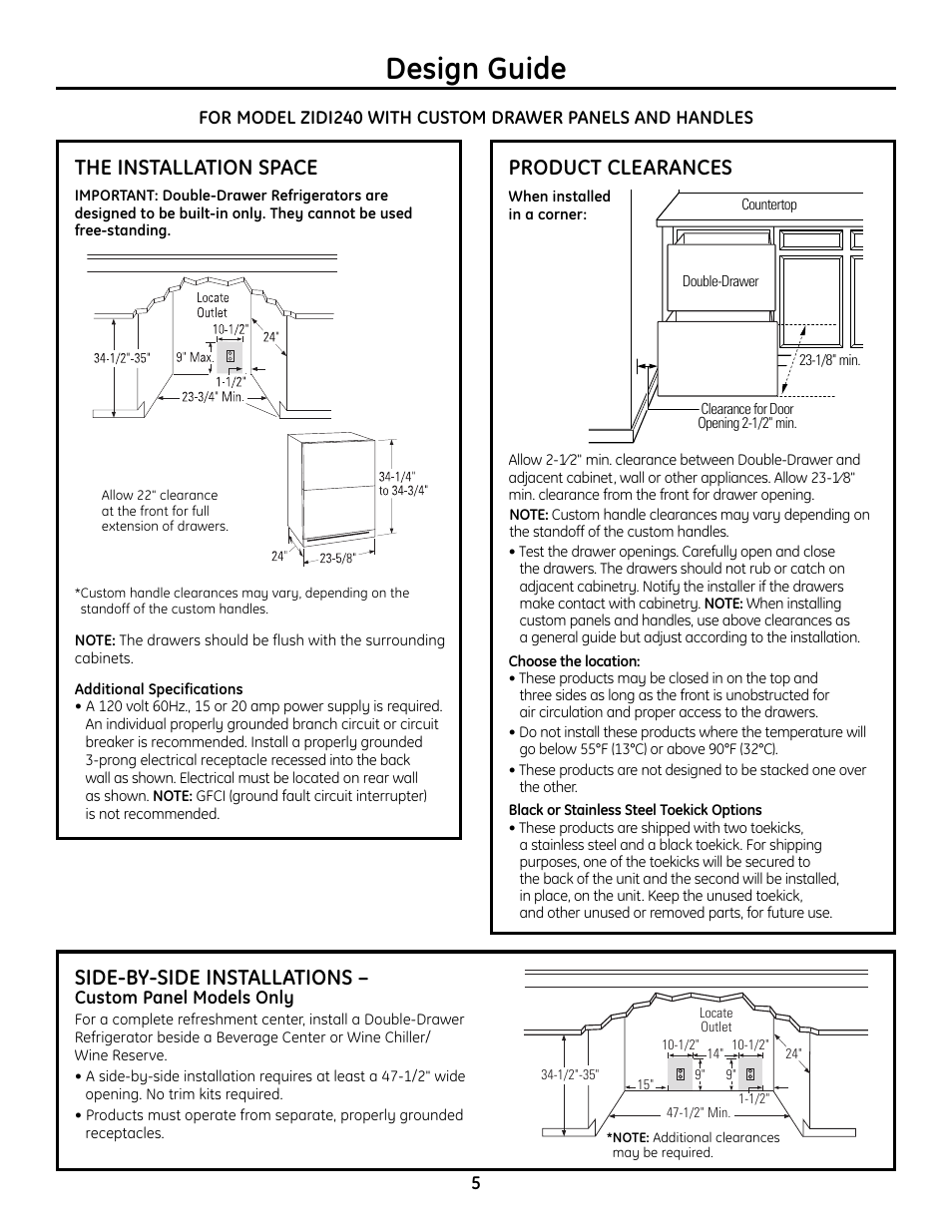 The installation space, Product clearances, Side-by-side installations | Design guide | GE ZIDI240BII User Manual | Page 5 / 8