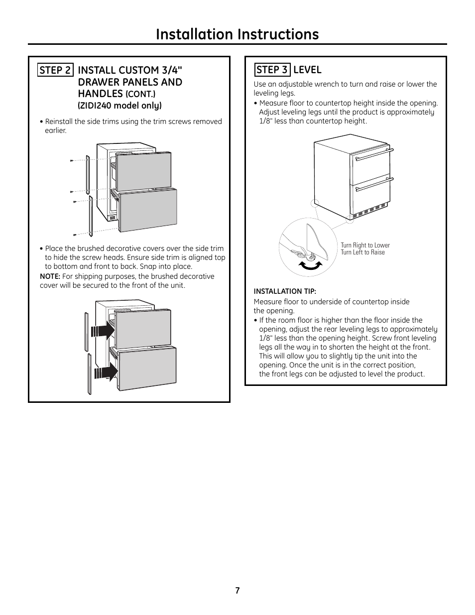 Step 3, level, Installation instructions, Step 3 level | GE ZIDI240BII User Manual | Page 7 / 8