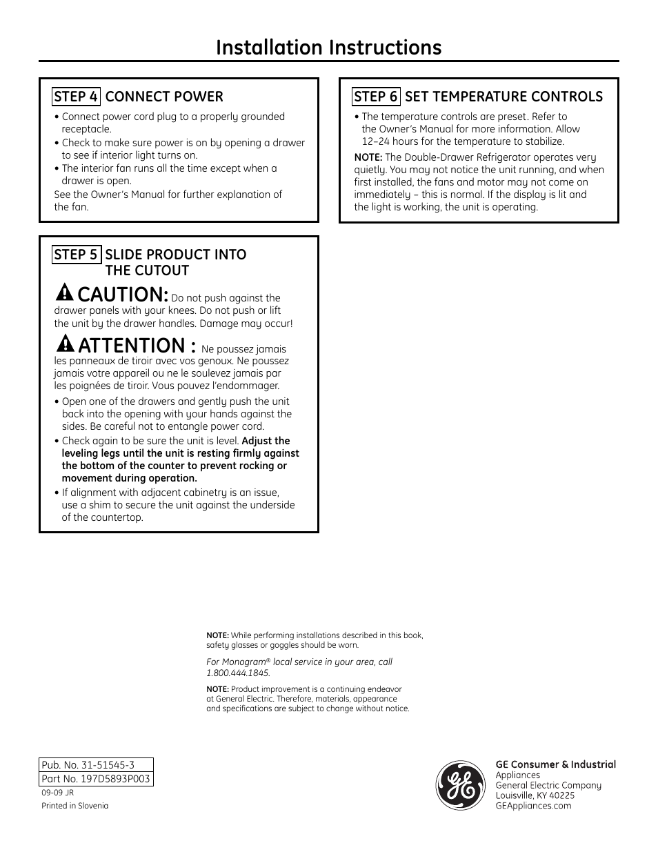 Step 4, connect power, Step 5, slide product into cutout, Step 6, set temperature controls | Caution, Attention, Installation instructions, Step 5 slide product into the cutout, Step 4 connect power, Step 6 set temperature controls | GE ZIDI240BII User Manual | Page 8 / 8