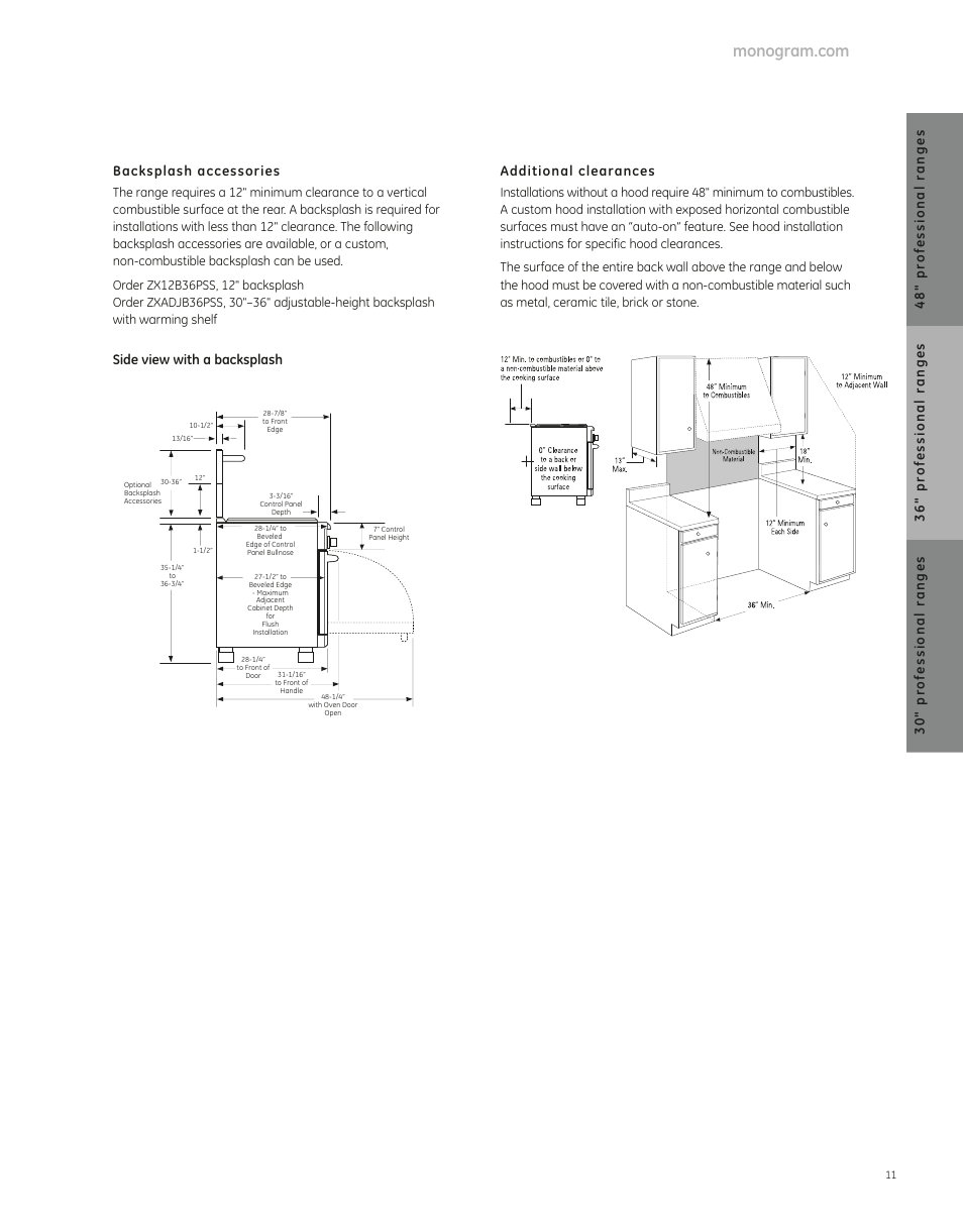 Side view with a backsplash additional clearances, 36" pr ofessional ranges 48" pr ofessional ranges | GE ZGP364NDRSS User Manual | Page 3 / 3