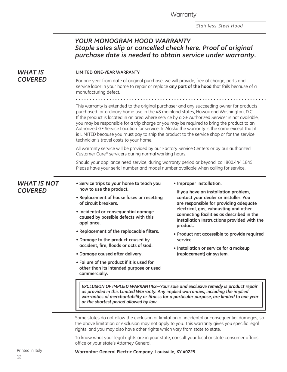 Warranty, What is not covered | GE ZV1050SFSS User Manual | Page 12 / 12