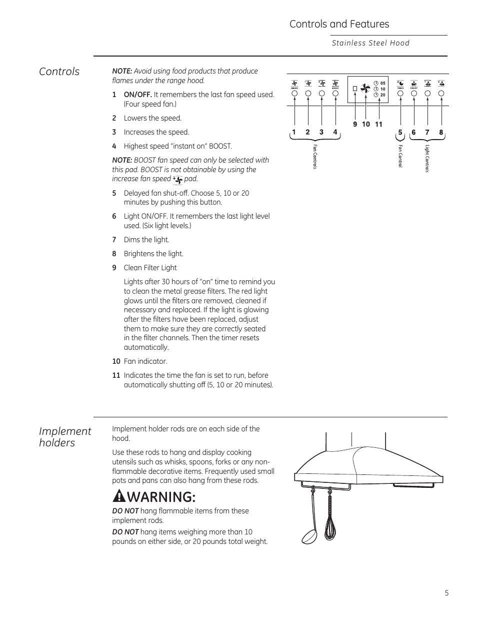 Warning, Controls and features, Controls implement holders | GE ZV1050SFSS User Manual | Page 5 / 12