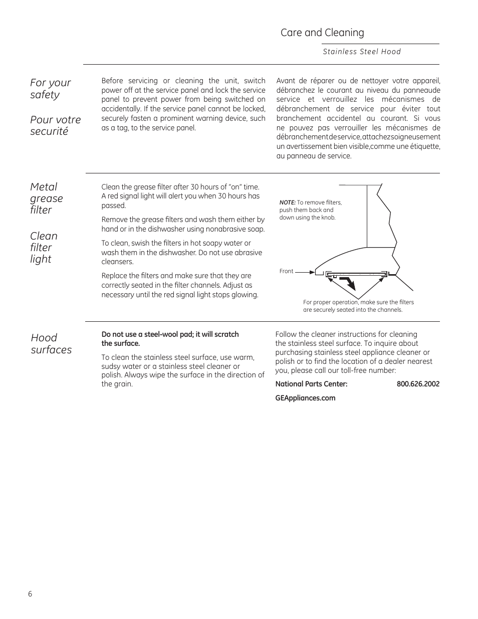 Care and cleaning, Metal grease filter clean filter light, For your safety pour votre securité | Hood surfaces | GE ZV1050SFSS User Manual | Page 6 / 12