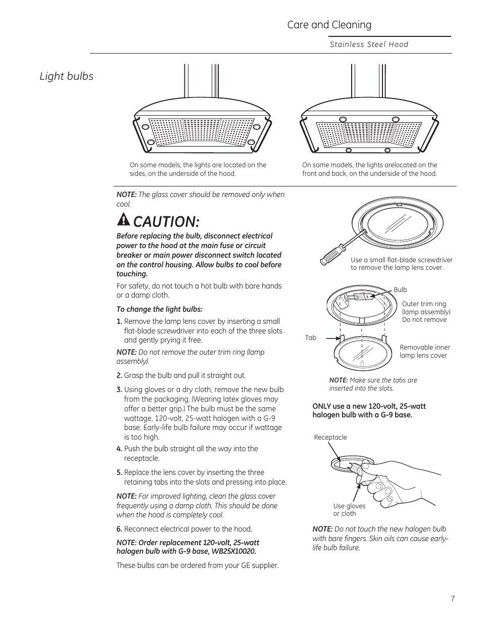 Caution, Care and cleaning, Light bulbs | GE ZV1050SFSS User Manual | Page 7 / 12