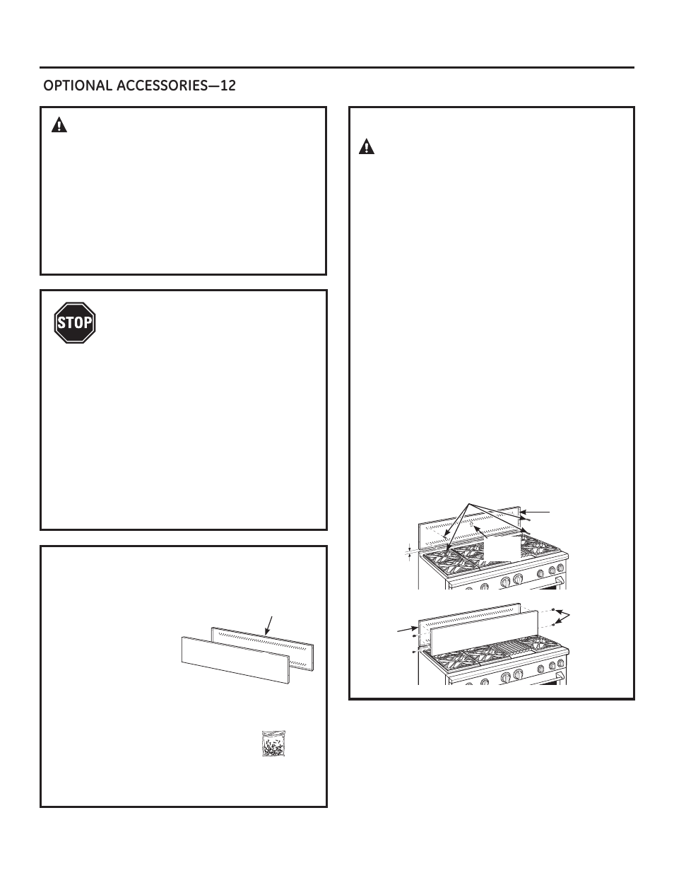 Warning, Before you begin, Install 12” backsplash | GE ZGP304NRSS User Manual | Page 19 / 80