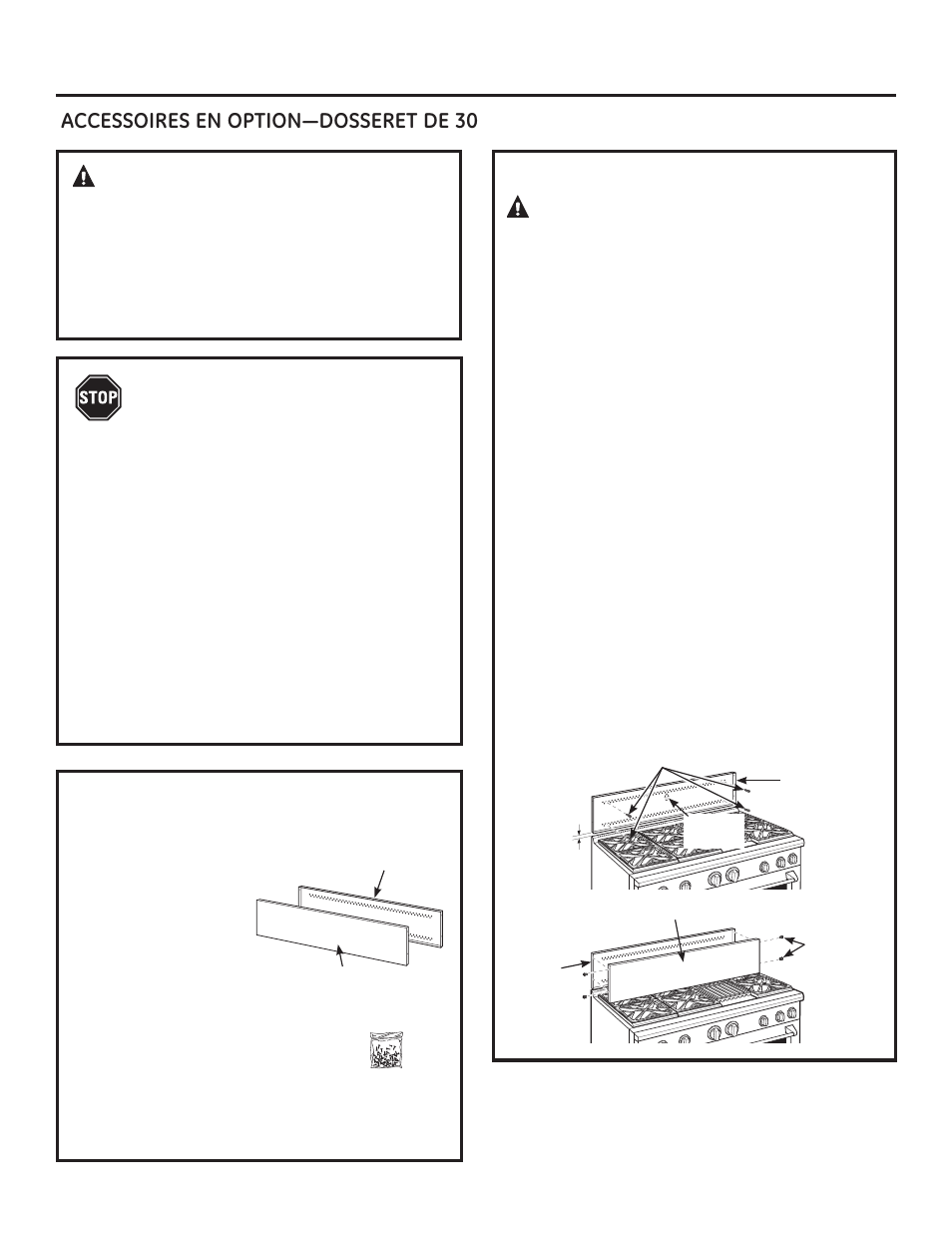 Avertissement, Avant de commencer, Installez le dosseret 30 cm (12”) | GE ZGP304NRSS User Manual | Page 44 / 80