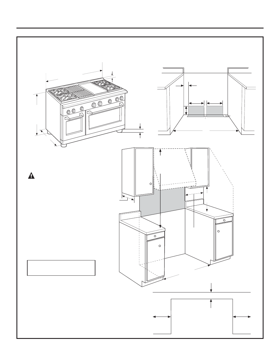 Información de diseño, Advertencia, Dimensiones y espacios del producto | Modelos de cocina de 48 | GE ZGP304NRSS User Manual | Page 54 / 80