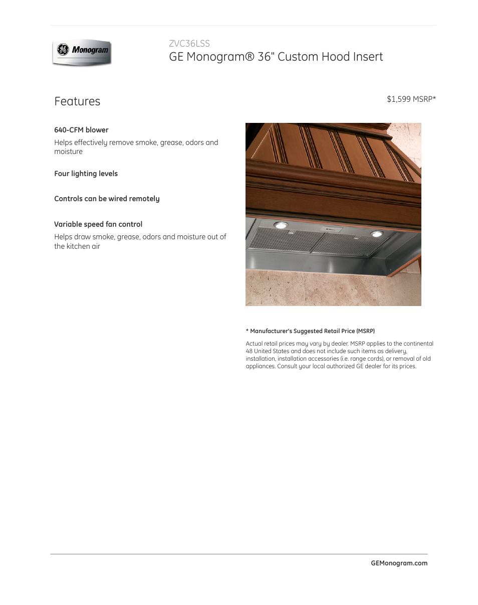 GE ZVC36LSS User Manual | 2 pages