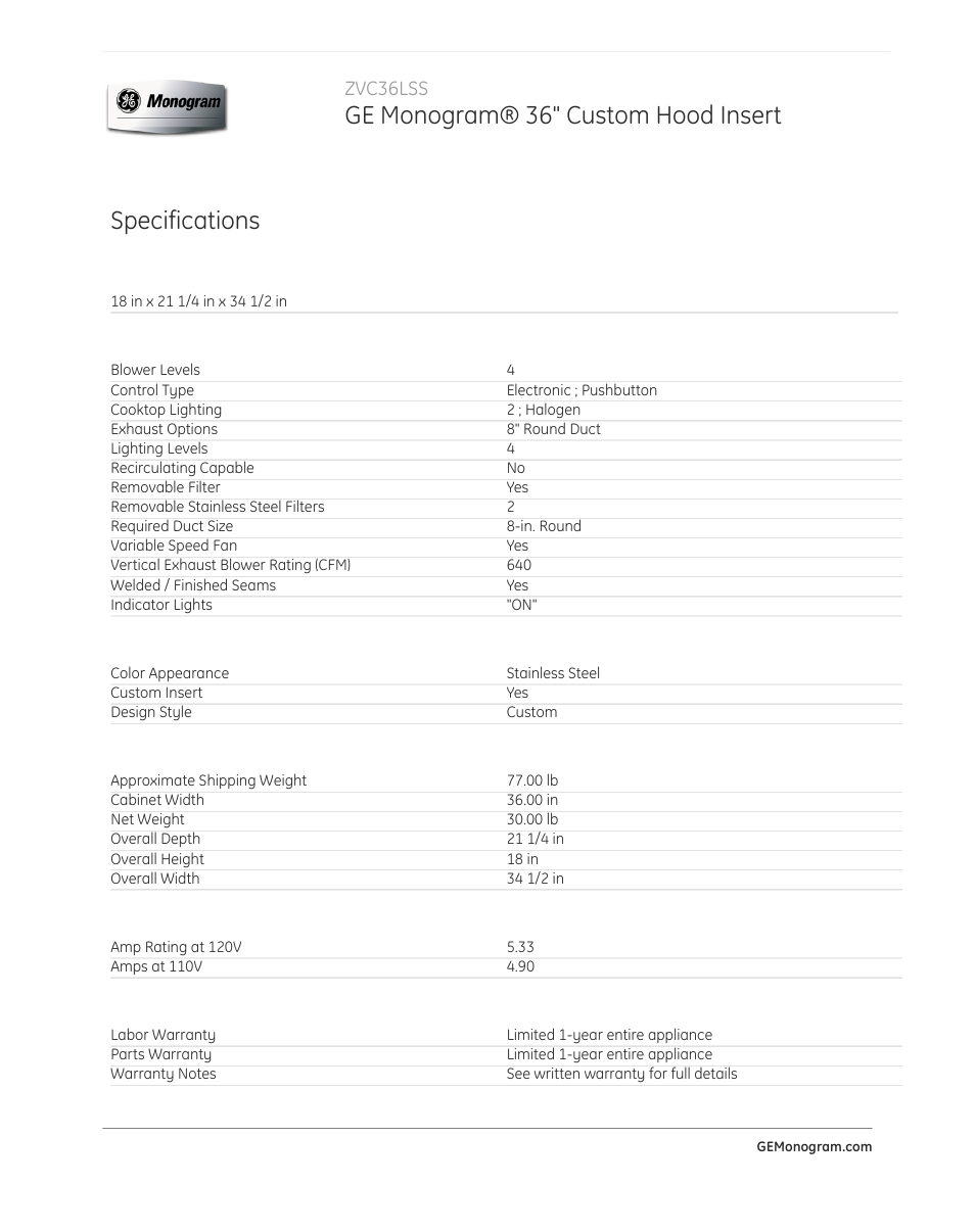 Ge monogram® 36" custom hood insert, Specifications, Zvc36lss | GE ZVC36LSS User Manual | Page 2 / 2