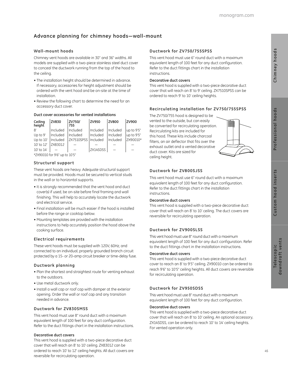 Advance planning for chimney hoods—wall-mount | GE ZV755SPSS User Manual | Page 2 / 9