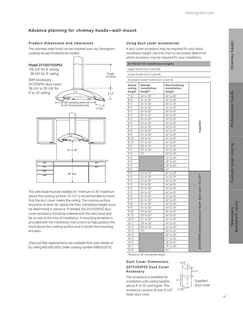 Advance planning for chimney hoods—wall-mount | GE ZV755SPSS User Manual | Page 4 / 9