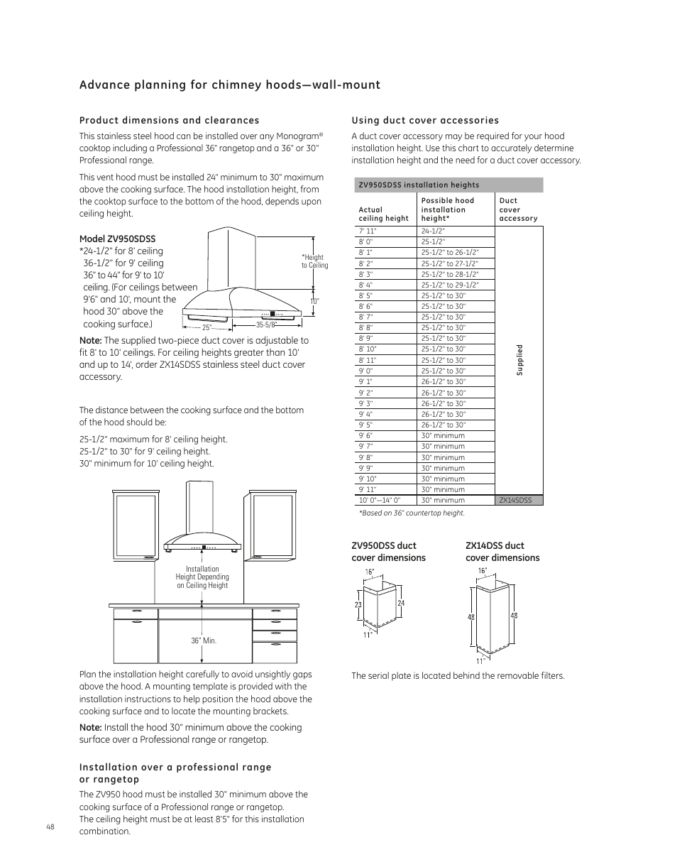 Advance planning for chimney hoods—wall-mount | GE ZV755SPSS User Manual | Page 5 / 9