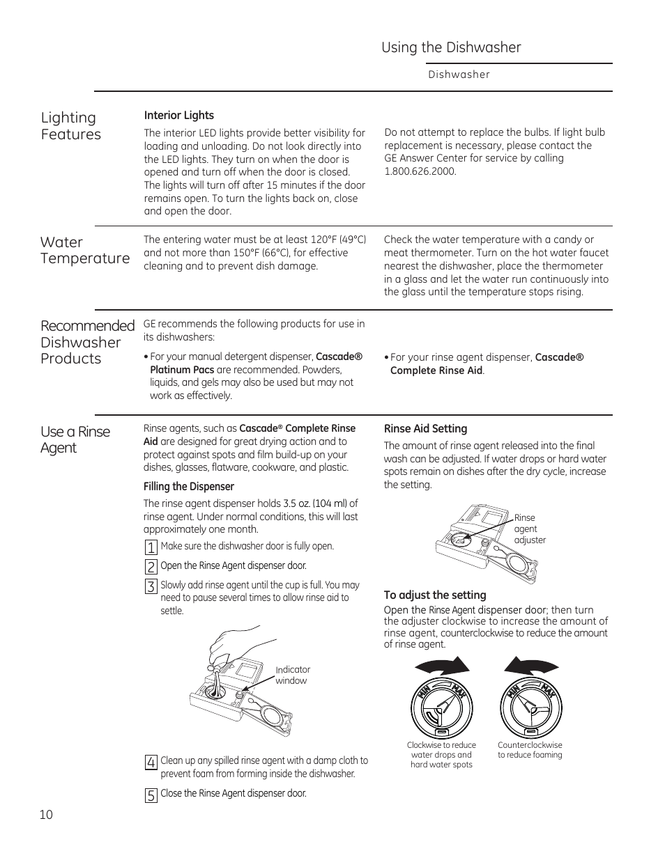 Using the dishwasher, Water temperature, Lighting features | Recommended dishwasher products, Use a rinse agent | GE ZDT870SIFII User Manual | Page 10 / 96