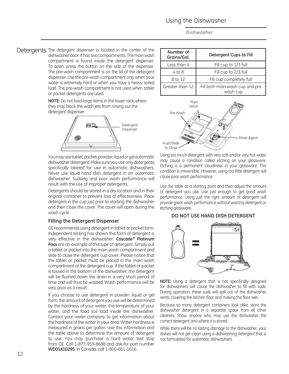 Using the dishwasher, Detergents | GE ZDT870SIFII User Manual | Page 12 / 96