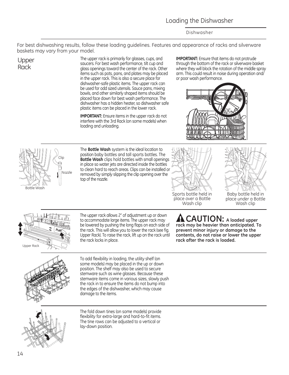 Caution, Loading the dishwasher, Upper rack | GE ZDT870SIFII User Manual | Page 14 / 96