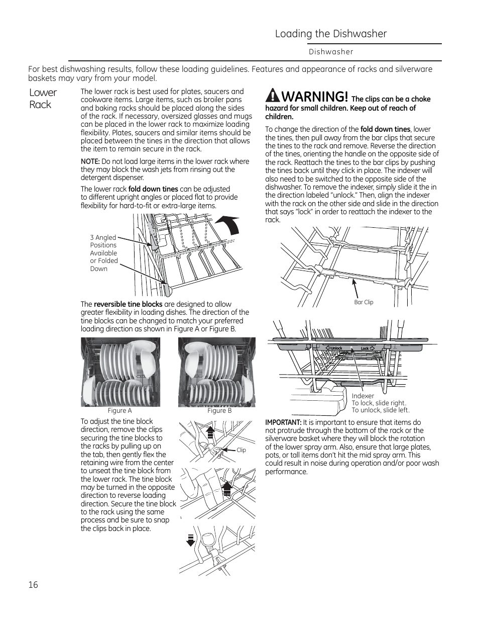 Warning, Lower rack, Loading the dishwasher | GE ZDT870SIFII User Manual | Page 16 / 96