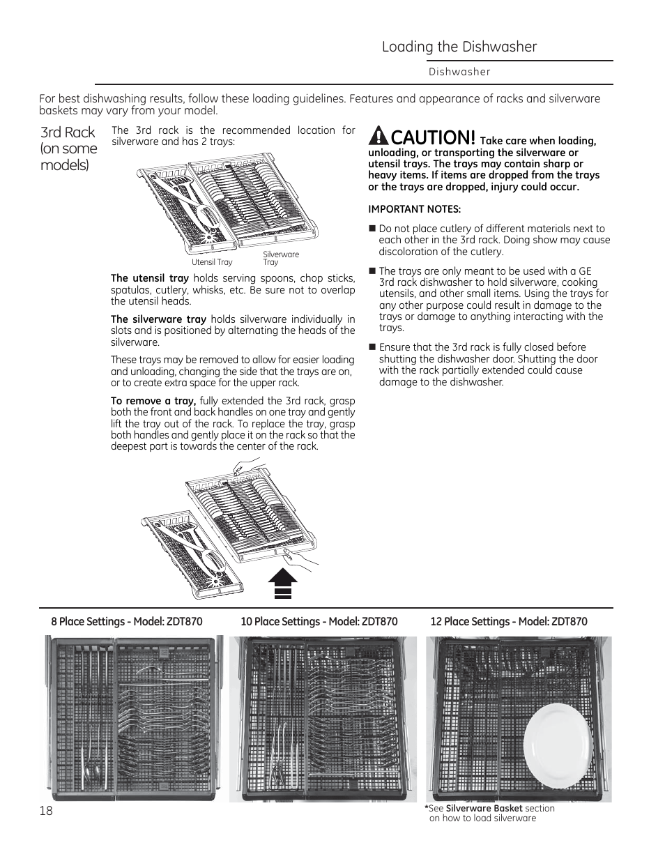 Caution, Loading the dishwasher, 3rd rack (on some models) | GE ZDT870SIFII User Manual | Page 18 / 96