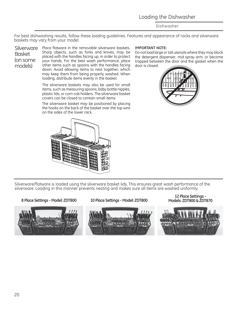 Loading the dishwasher, Silverware basket (on some models) | GE ZDT870SIFII User Manual | Page 20 / 96