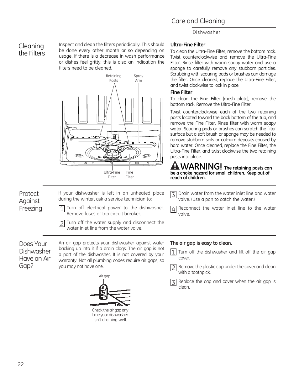 Warning, Care and cleaning | GE ZDT870SIFII User Manual | Page 22 / 96