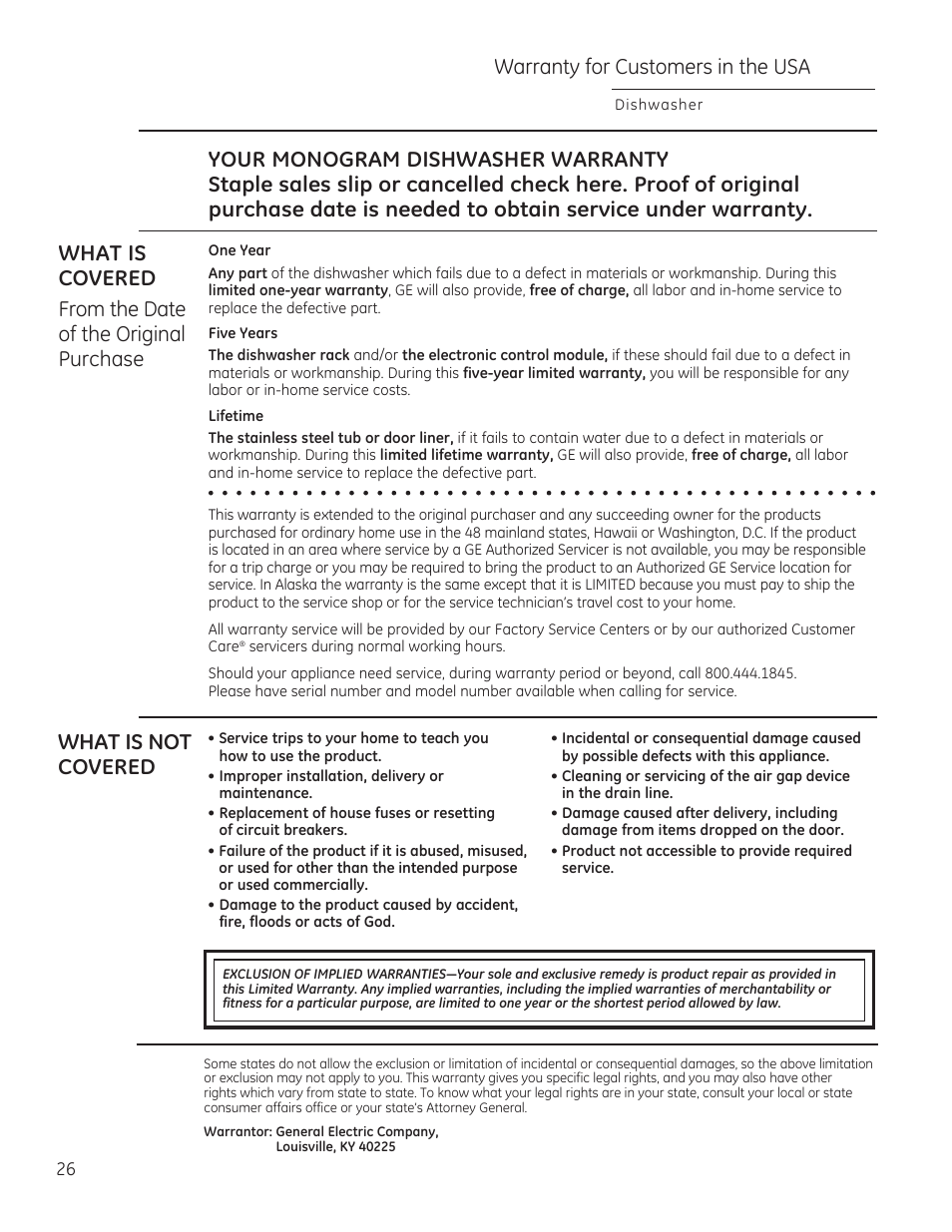 Warranty for customers in the usa, What is not covered | GE ZDT870SIFII User Manual | Page 26 / 96