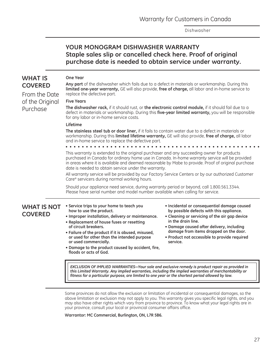 Warranty for customers in canada, What is not covered | GE ZDT870SIFII User Manual | Page 27 / 96