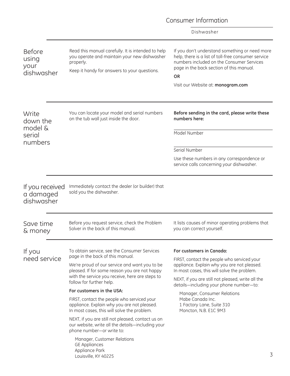Consumer information, Before using your dishwasher, Write down the model & serial numbers | If you received a damaged dishwasher, Save time & money, If you need service | GE ZDT870SIFII User Manual | Page 3 / 96