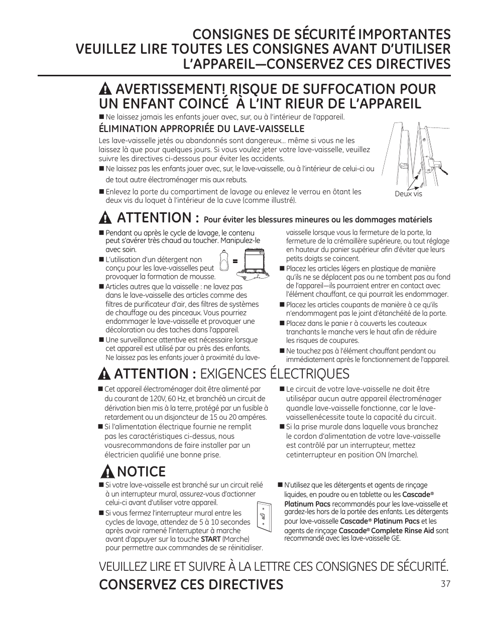 Attention, Attention : exigences électriques, Conservez ces directives notice | GE ZDT870SIFII User Manual | Page 37 / 96