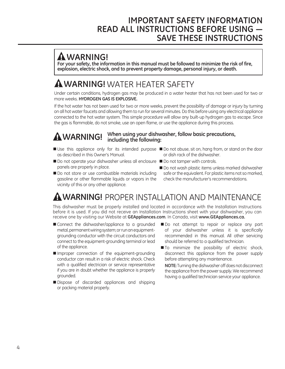 Warning | GE ZDT870SIFII User Manual | Page 4 / 96