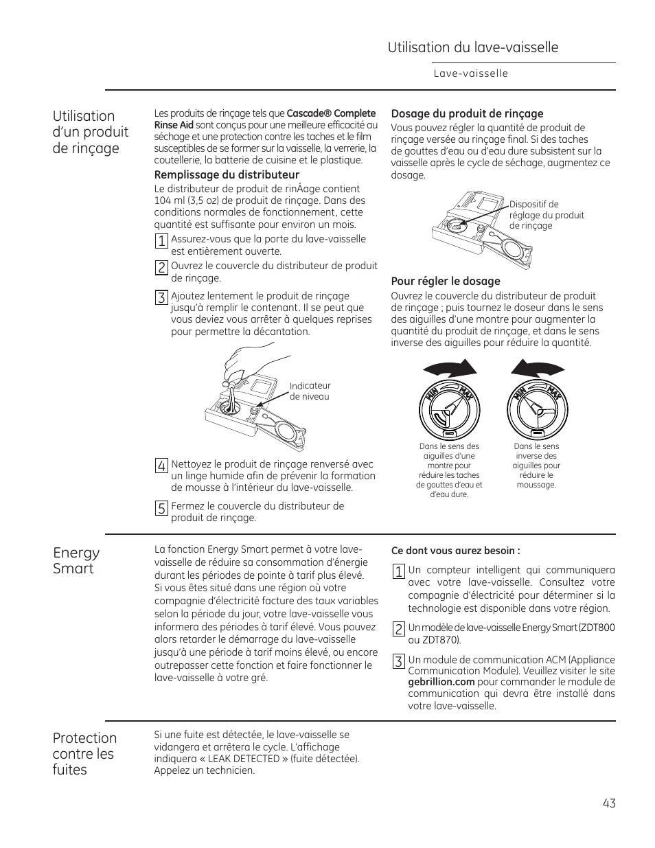 Utilisation du lave-vaisselle, Utilisation d’un produit de rinçage, Protection contre les fuites | Energy smart | GE ZDT870SIFII User Manual | Page 43 / 96