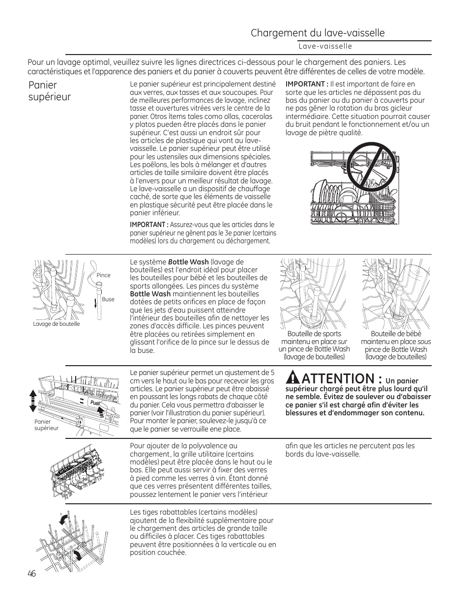 Attention, Chargement du lave-vaisselle panier supérieur | GE ZDT870SIFII User Manual | Page 46 / 96
