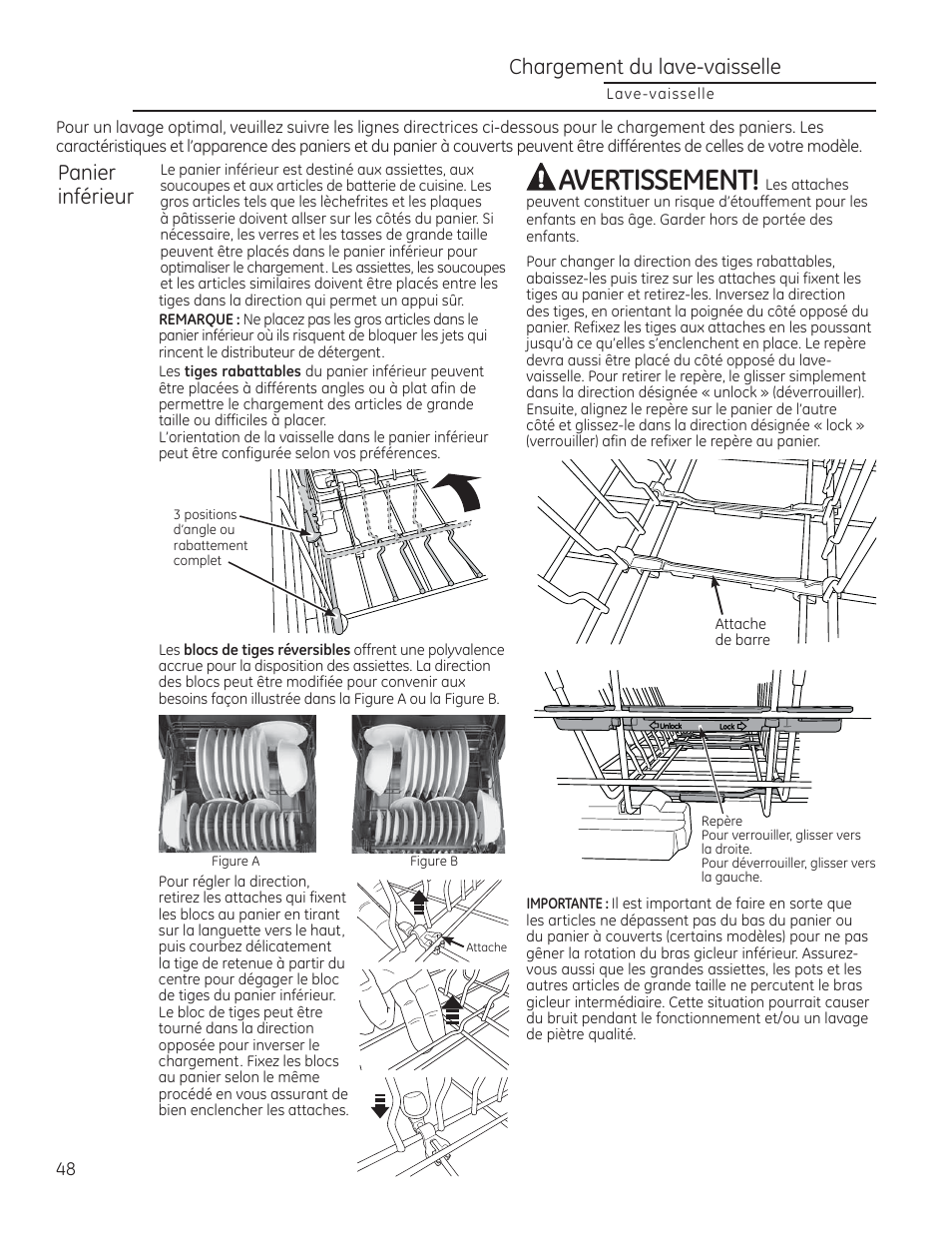 Avertissement, Chargement du lave-vaisselle panier inférieur | GE ZDT870SIFII User Manual | Page 48 / 96