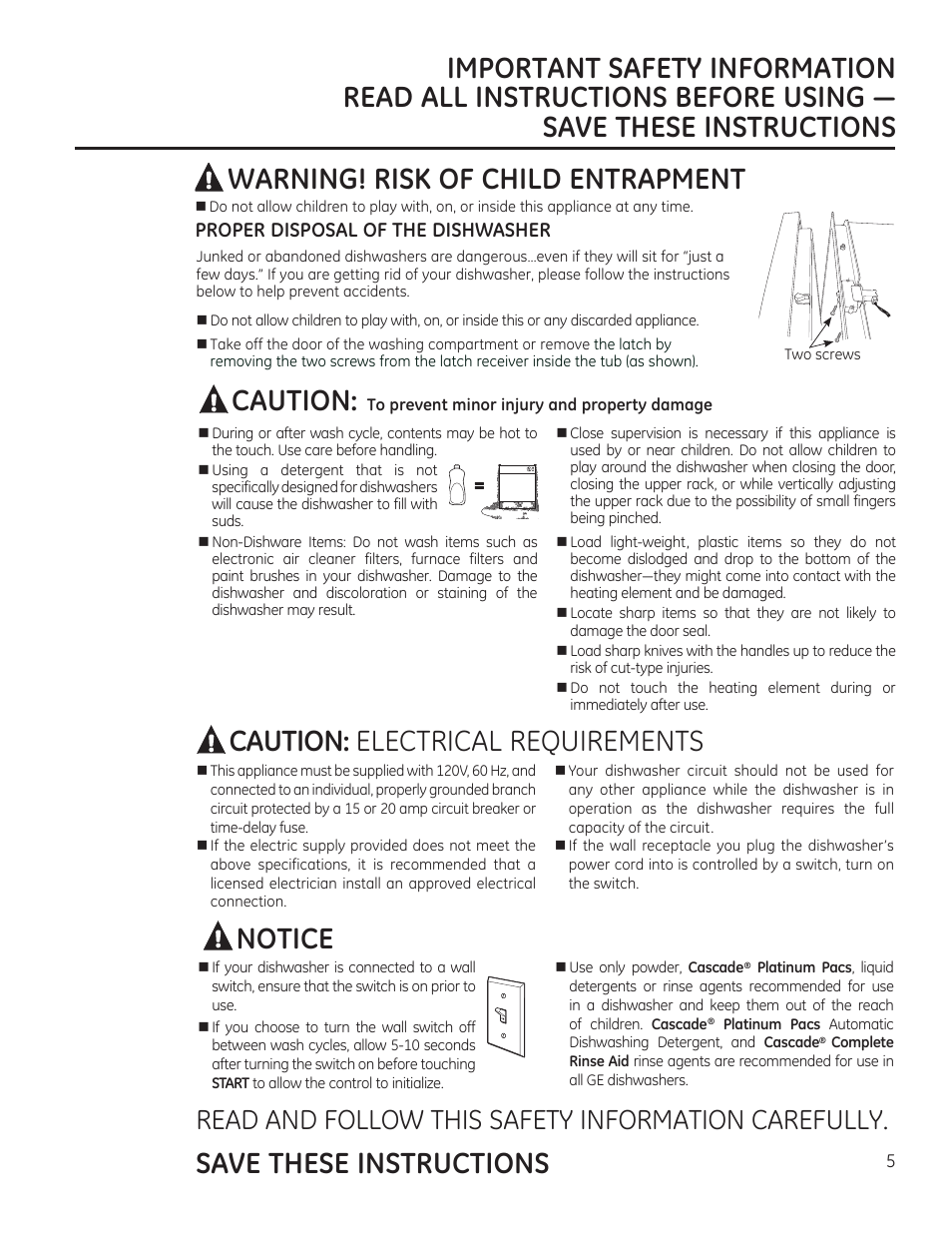 Caution, Caution: electrical requirements, Save these instructions | Notice, Warning! risk of child entrapment, Read and follow this safety information carefully | GE ZDT870SIFII User Manual | Page 5 / 96