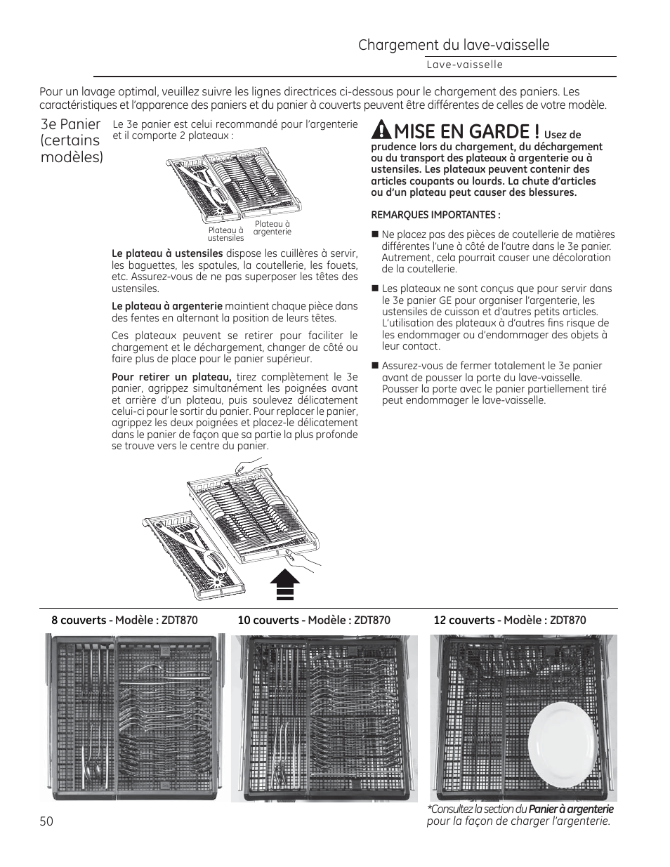 Mise en garde, Chargement du lave-vaisselle, 3e panier (certains modèles) | GE ZDT870SIFII User Manual | Page 50 / 96