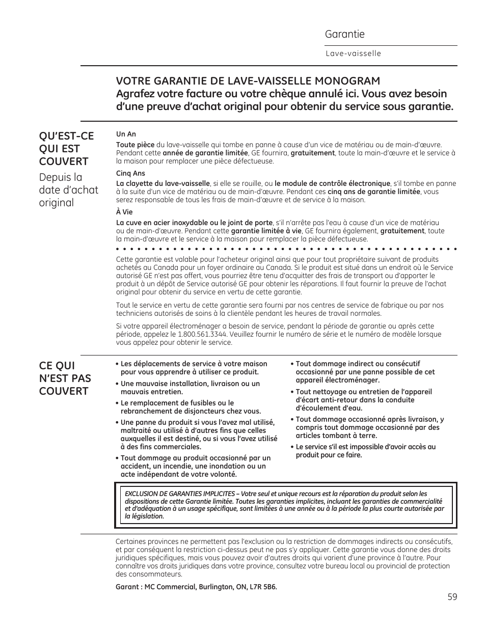 Garantie, Ce qui n’est pas couvert | GE ZDT870SIFII User Manual | Page 59 / 96