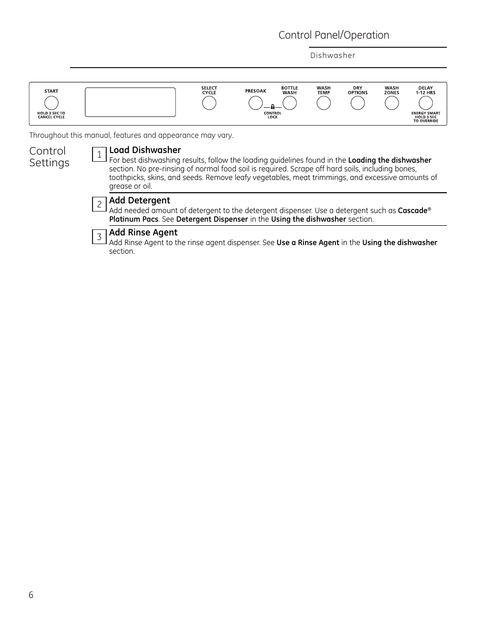 Control panel/operation control settings | GE ZDT870SIFII User Manual | Page 6 / 96