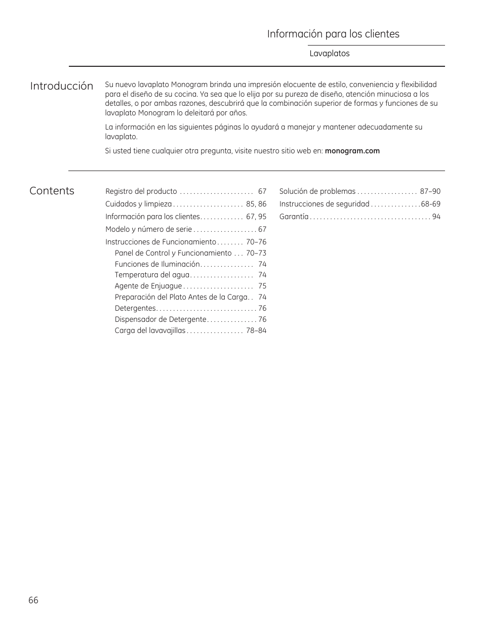 Información para los clientes, Introducción contents | GE ZDT870SIFII User Manual | Page 66 / 96