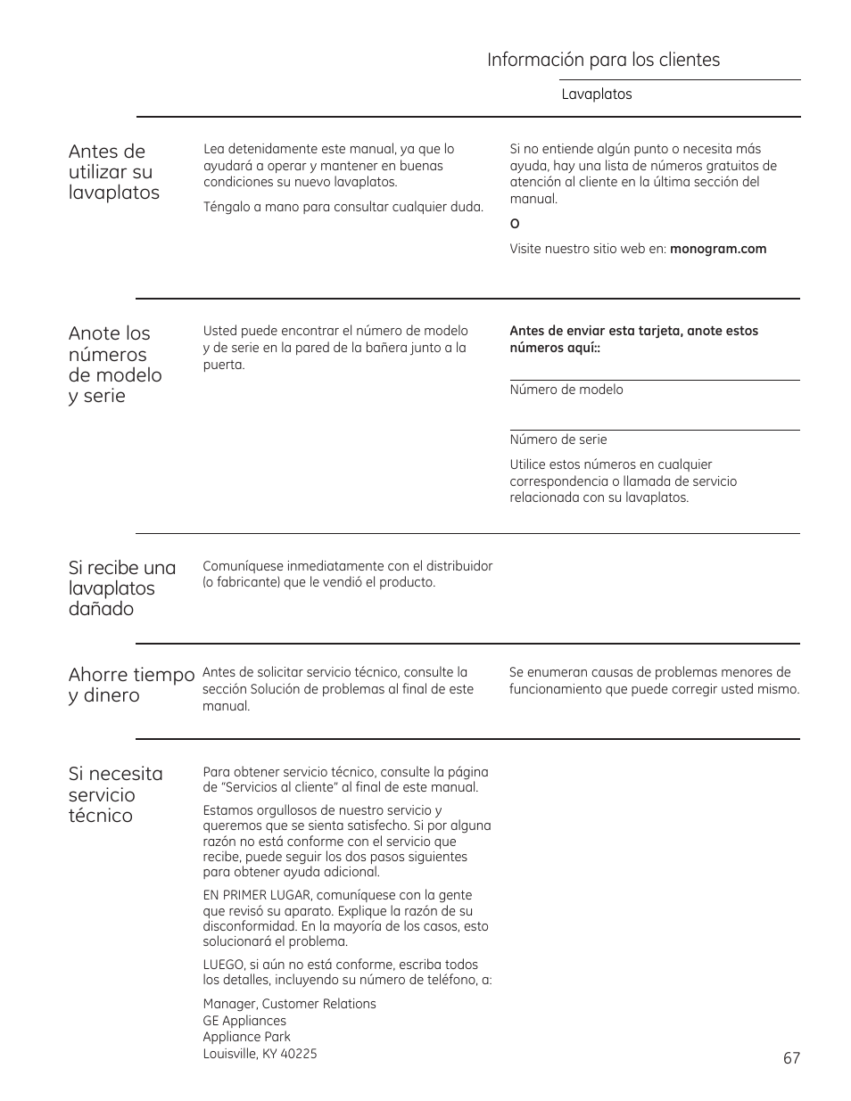 Información para los clientes, Si recibe una lavaplatos dañado, Ahorre tiempo y dinero | Si necesita servicio técnico | GE ZDT870SIFII User Manual | Page 67 / 96