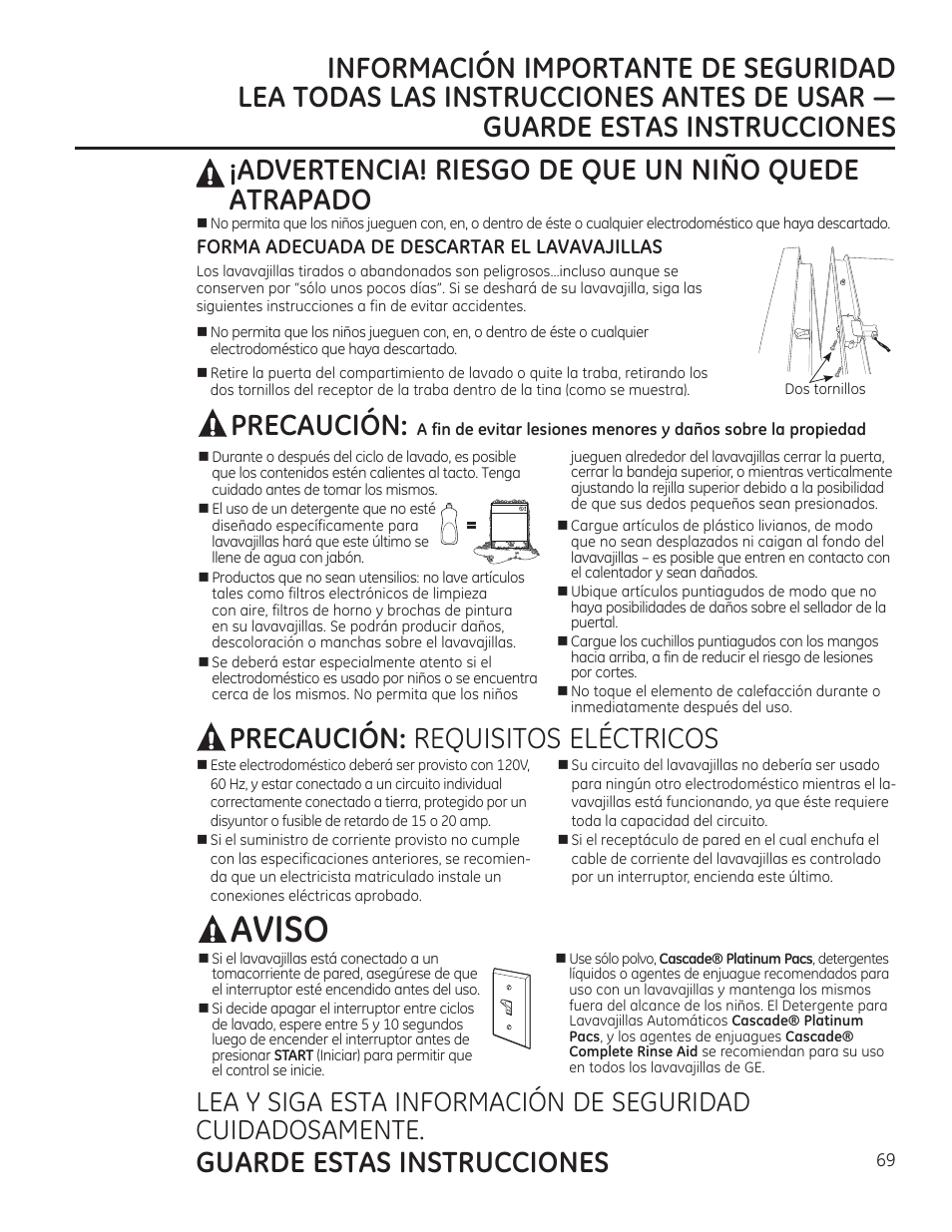Aviso, Precaución, Precaución: requisitos eléctricos | Guarde estas instrucciones, Advertencia! riesgo de que un niño quede atrapado | GE ZDT870SIFII User Manual | Page 69 / 96