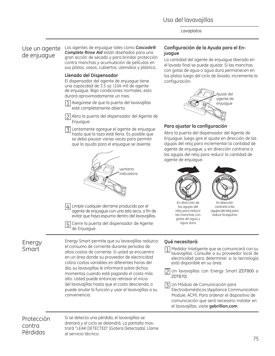 Uso del lavavajillas use un agente de enjuague, Protección contra pérdidas, Energy smart | GE ZDT870SIFII User Manual | Page 75 / 96