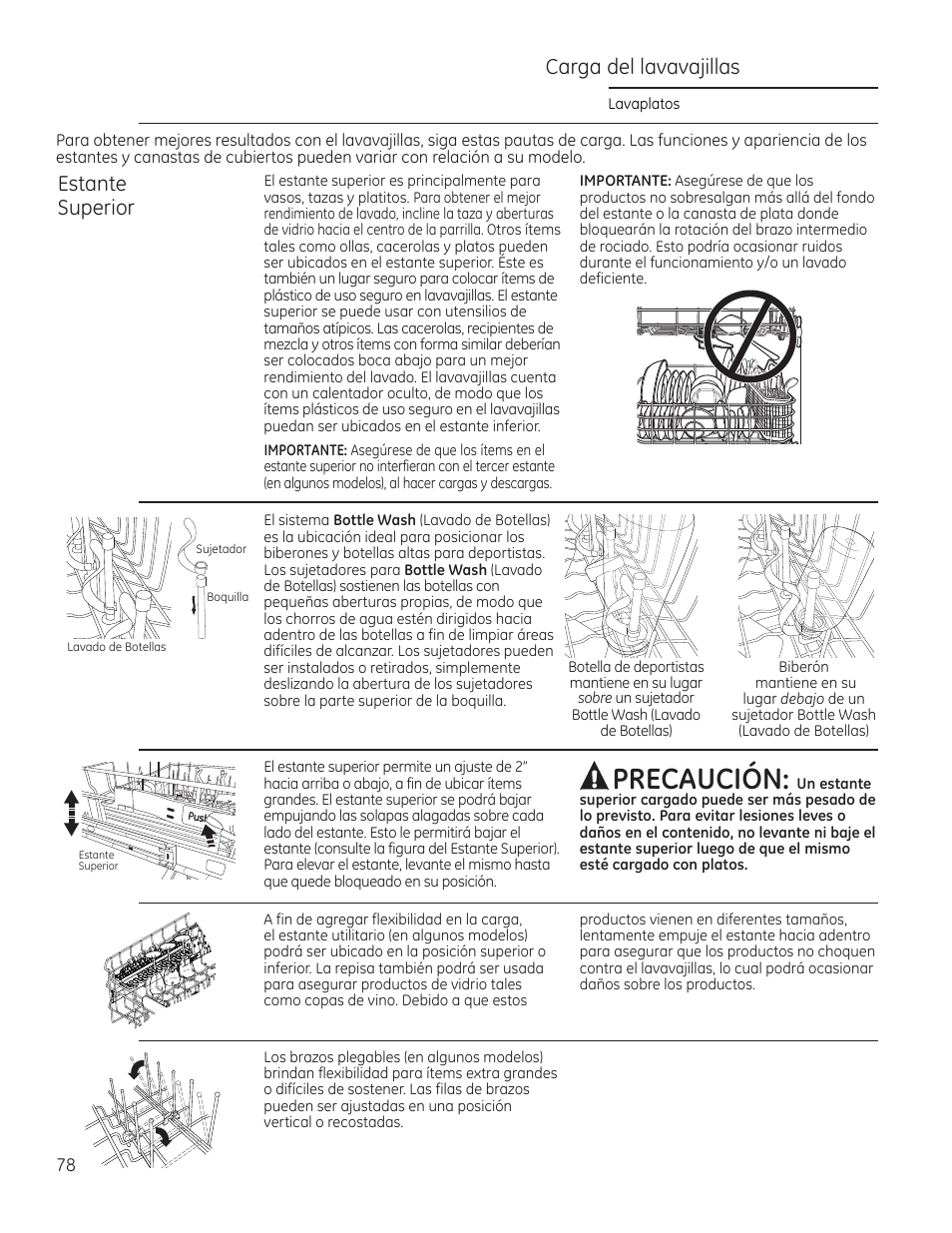 Precaución, Carga del lavavajillas estante superior | GE ZDT870SIFII User Manual | Page 78 / 96