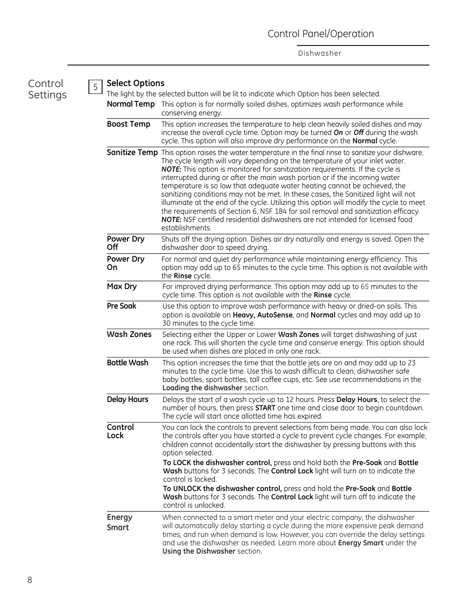 Control panel/operation control settings | GE ZDT870SIFII User Manual | Page 8 / 96