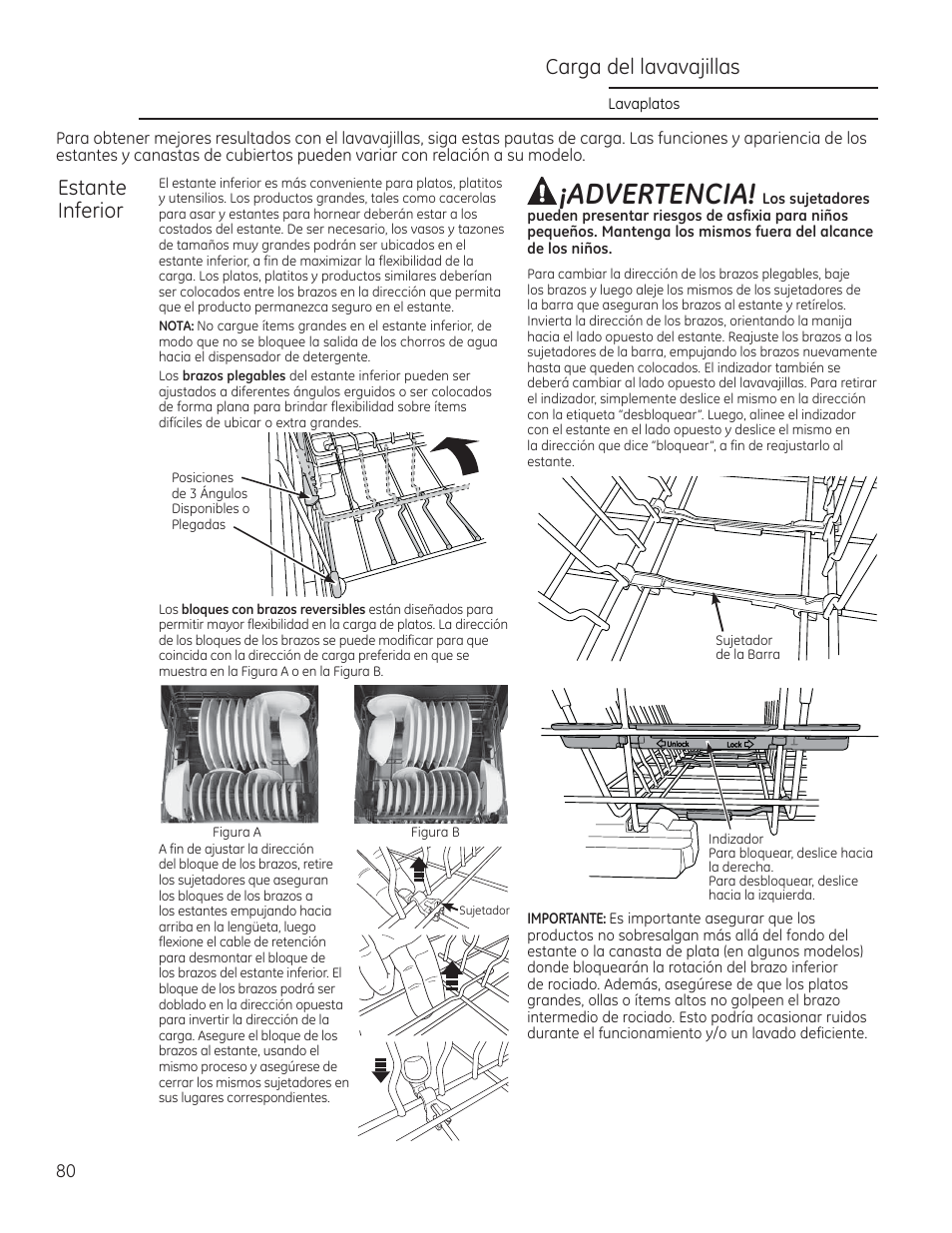 Advertencia, Carga del lavavajillas estante inferior | GE ZDT870SIFII User Manual | Page 80 / 96