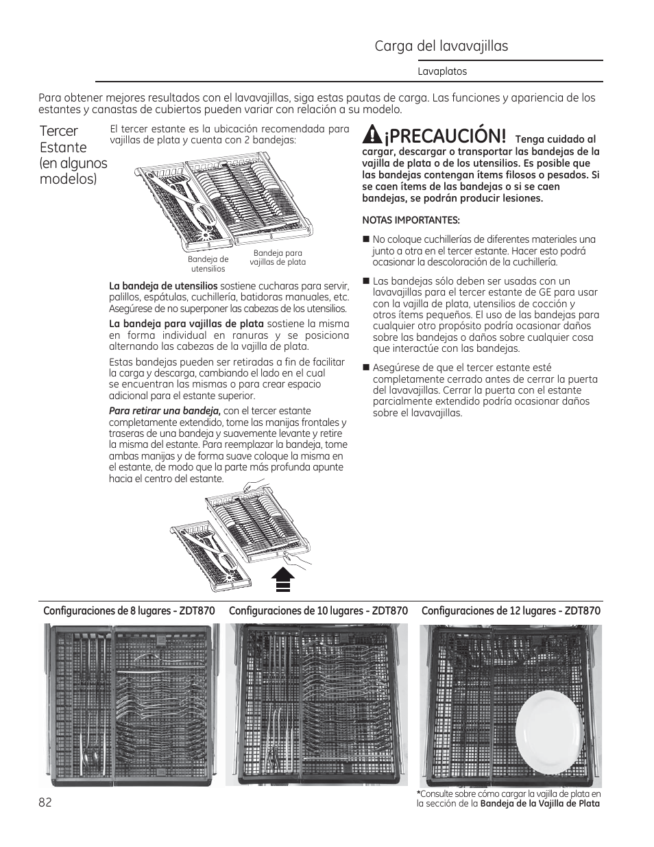 Precaución, Carga del lavavajillas, Tercer estante (en algunos modelos) | GE ZDT870SIFII User Manual | Page 82 / 96