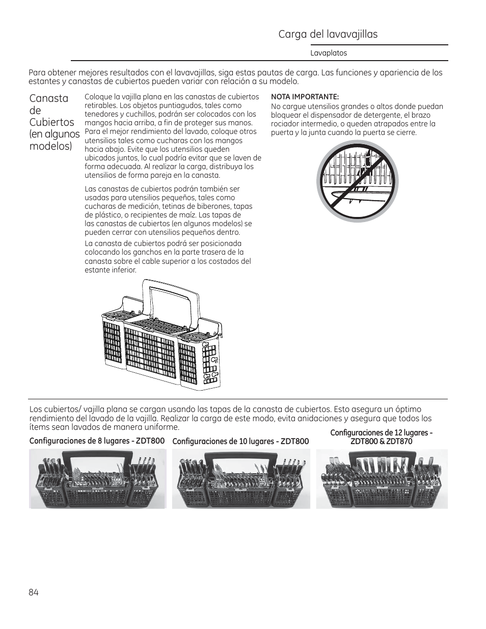 Canasta de cubiertos (en algunos modelos), Carga del lavavajillas | GE ZDT870SIFII User Manual | Page 84 / 96