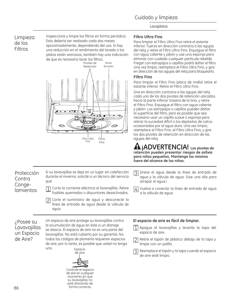 Advertencia, Cuidado y limpieza | GE ZDT870SIFII User Manual | Page 86 / 96