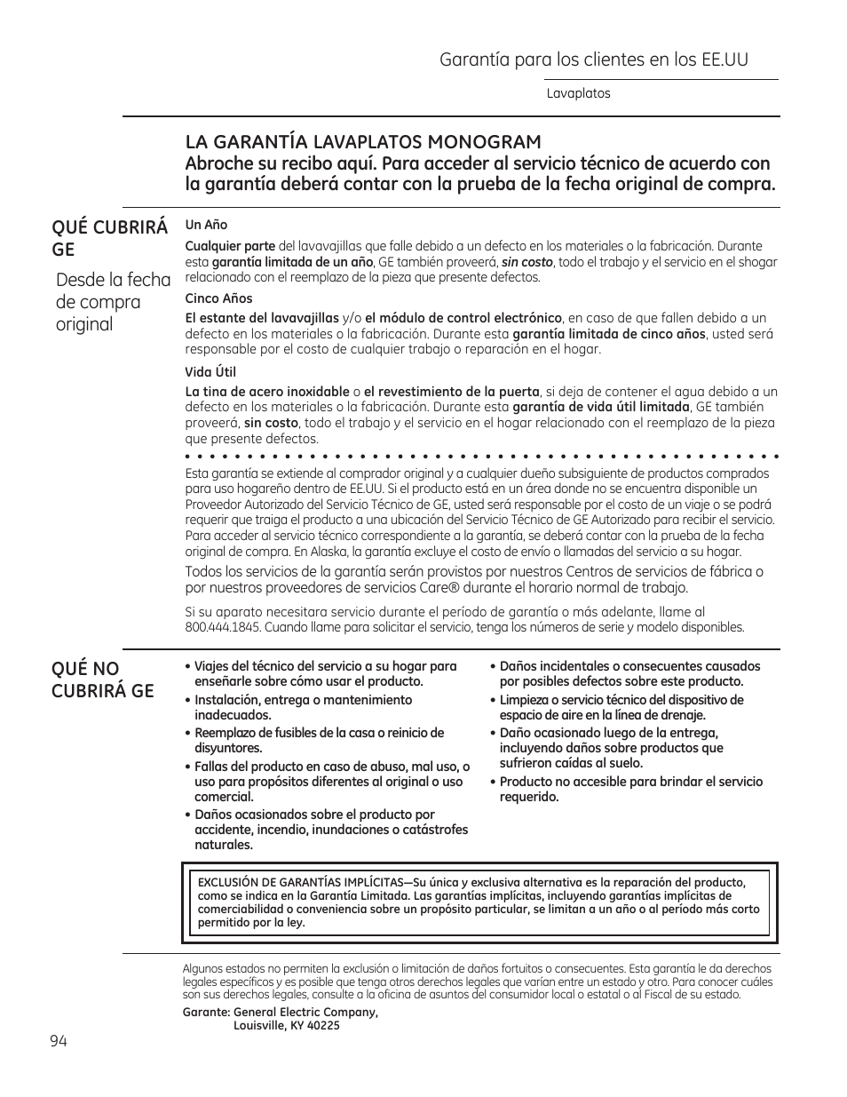 Garantía para los clientes en los ee.uu, Qué no cubrirá ge | GE ZDT870SIFII User Manual | Page 94 / 96