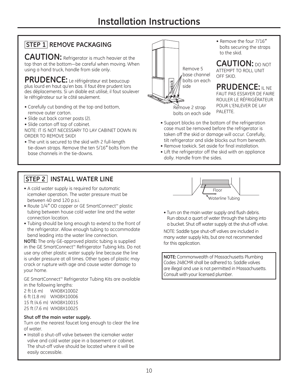Installation instructions, Caution, Prudence | Step 1 remove packaging, Step 2 install water line | GE ZIP360NZ User Manual | Page 10 / 20