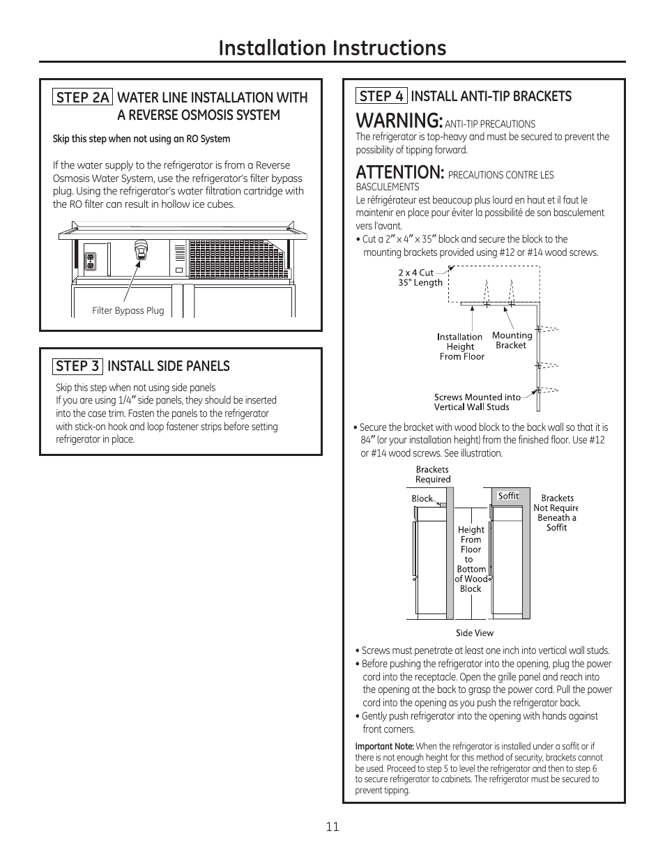 Warning, Installation instructions, 429dia5 | Attention, 429dia1, Step 3 install side panels, Step 4 install anti-tip brackets | GE ZIP360NZ User Manual | Page 11 / 20